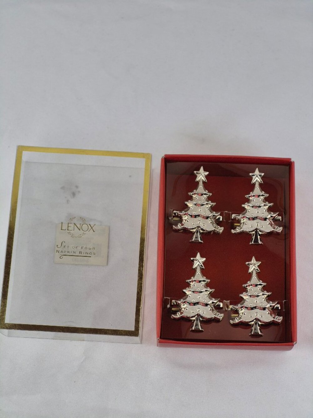 Lenox Holiday Noel Christmas Tree Napkin Rings Set of 4 Silver Silverplate